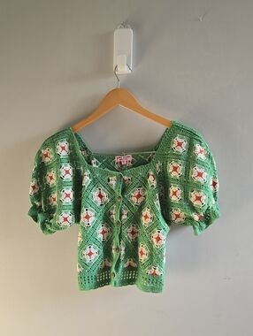 Pink Robin New York Green Crochet Top Size Large